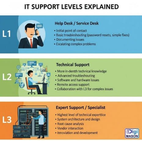 At Sidigiqor Technologies OPC Private Limited, we structure our IT Support System into three clearly defined levels — L1 (Help Desk), L2 (Technical Support), and L3 (Expert Support/Specialist) — each designed to address different levels of technical complexity and customer requirements.